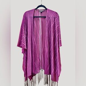 Boho Fringe Open-Front Kimono Cardigan - Purple